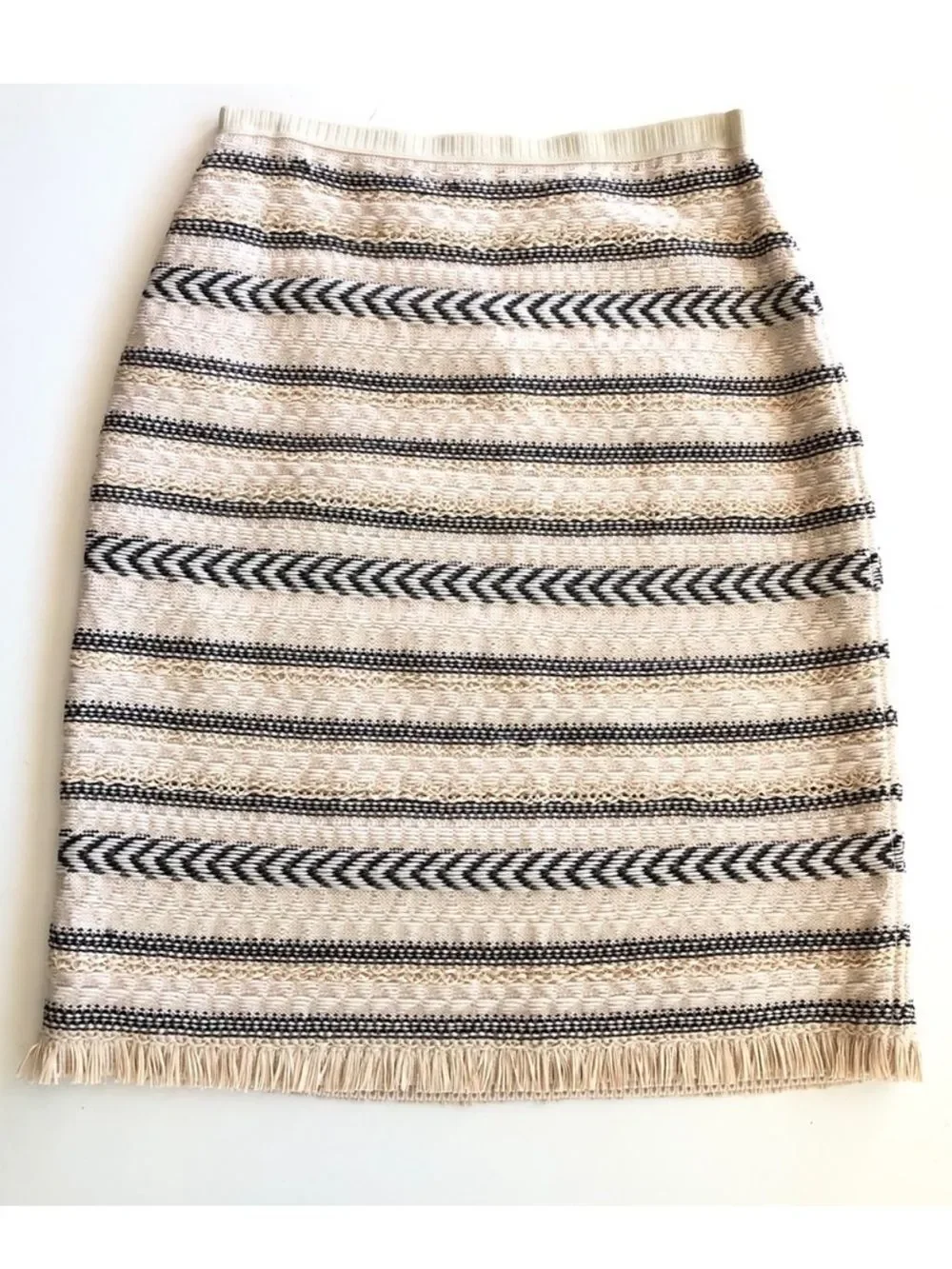 TORY BURCH L Beige Jacquard Tweed Fringe Wool Blend Sweater Pencil Skirt